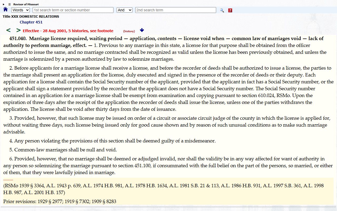 Cooper County Clerk records source for Missouri marriage license statute