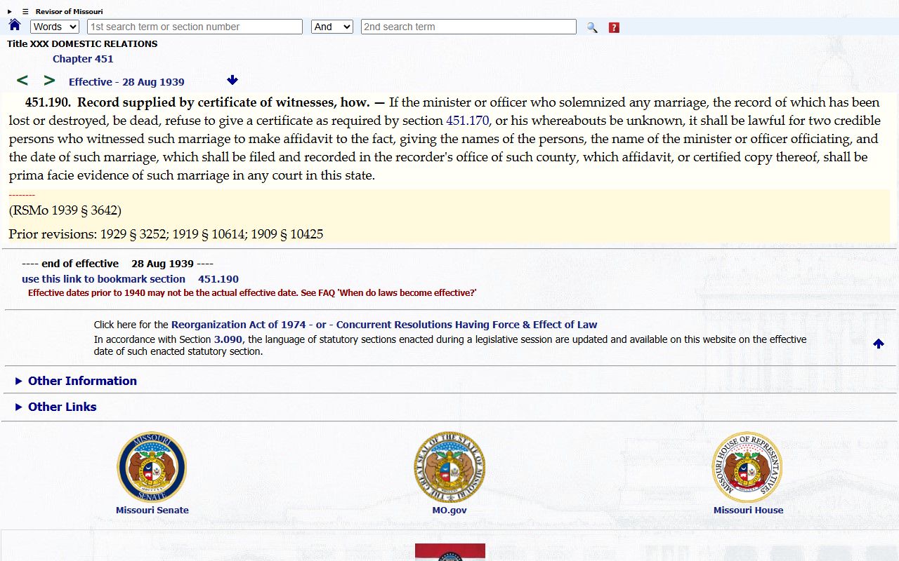 Cooper County Clerk records source for Missouri lost marriage record statute