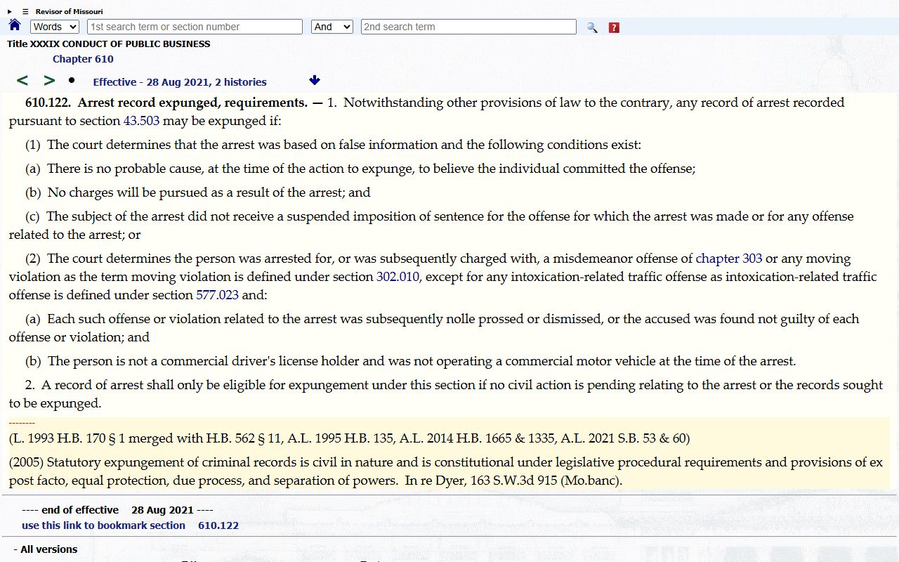 Cooper County criminal court records Missouri arrest expungement statute