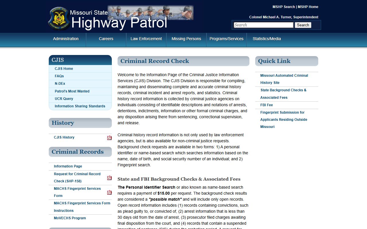 Cooper County criminal court records MSHP criminal record check page