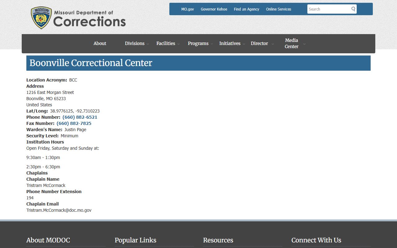 Cooper County inmate search Boonville Correctional Center DOC distinction