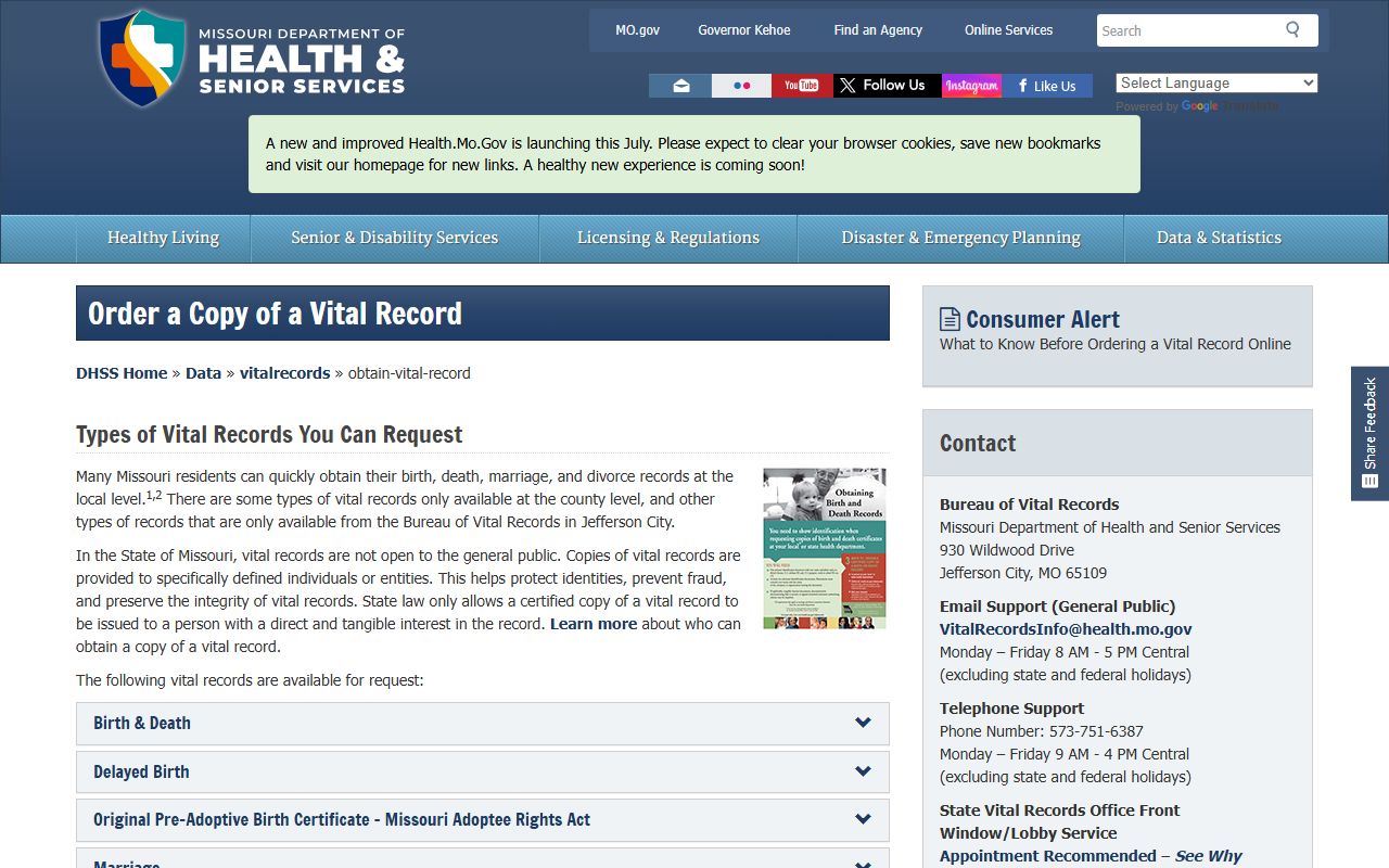 Cooper County marriage and divorce records Missouri vital record request page