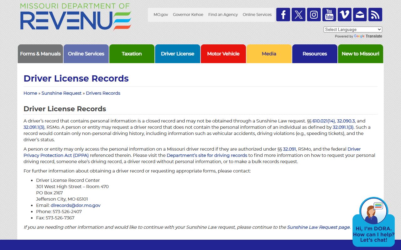 Cooper County traffic court records Missouri DOR driver record access limits