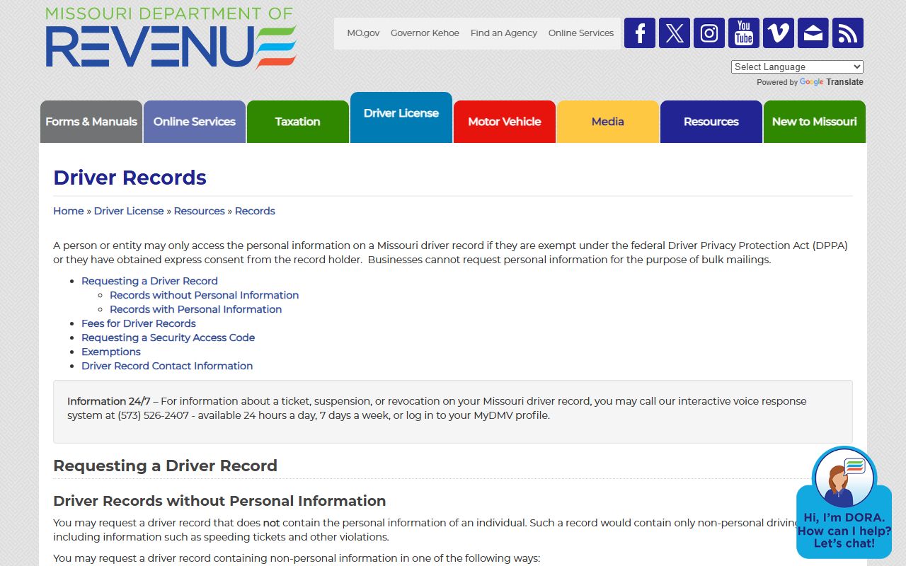 Cooper County traffic court records Missouri DOR driver record request