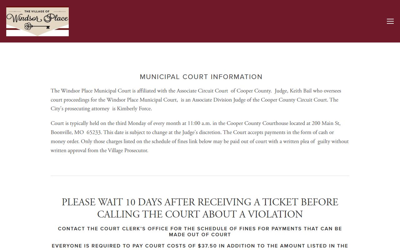 Cooper County warrant search Windsor Place Municipal Court record access